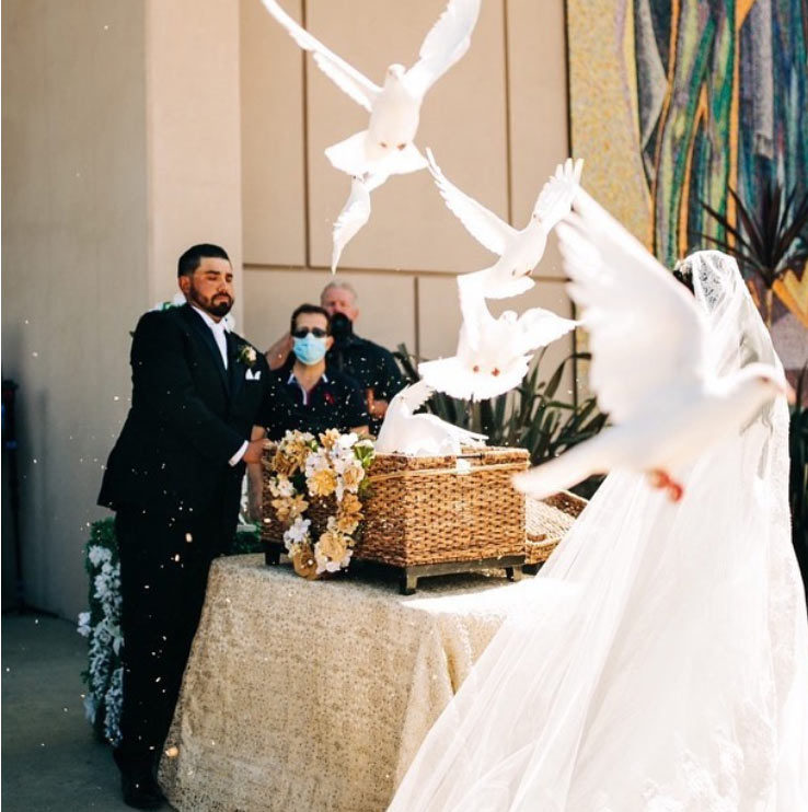 Bride and groom celebrating their union with a symbolic white dove release wedding ceremony, watching a flock of white doves fly from a wicker basket